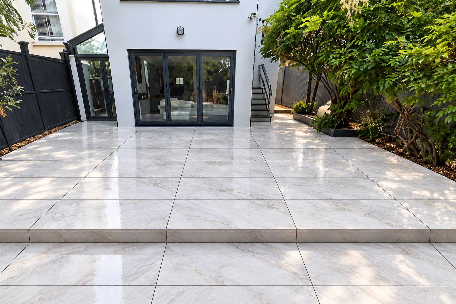 Outdoor porcelain patio tiling with bifold doors