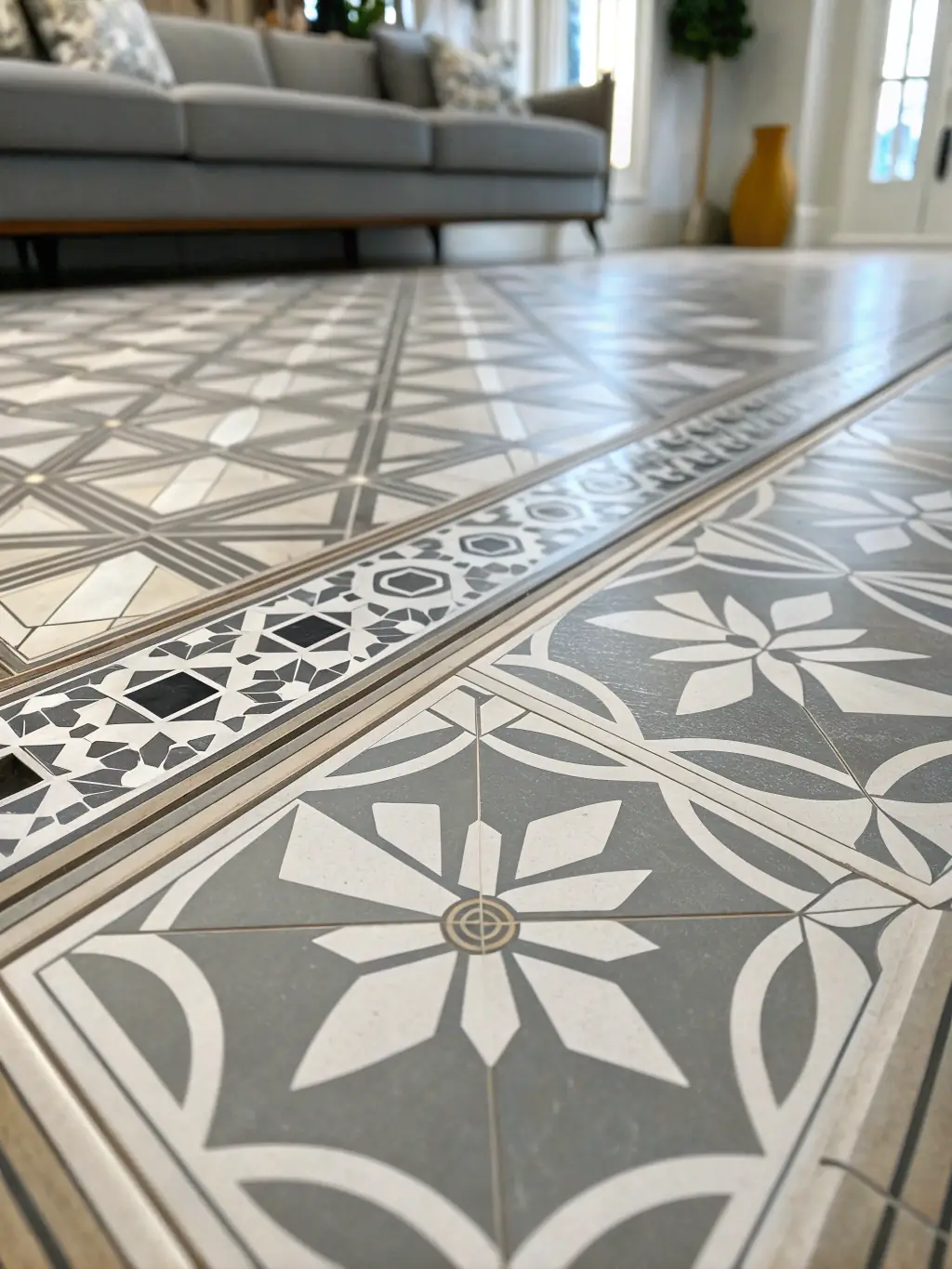 A detailed close-up shot of a tiling installation project, highlighting the precision and craftsmanship of Vanta Tiling's team, with perfectly aligned tiles and grout lines.