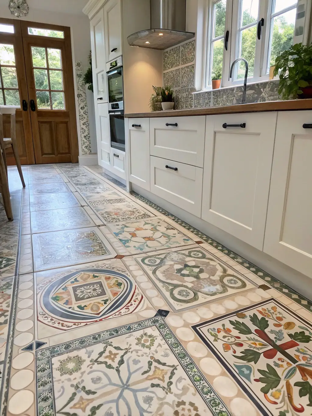 A modern kitchen backsplash tiled with mosaic patterns, showcasing a creative and stylish design element.
