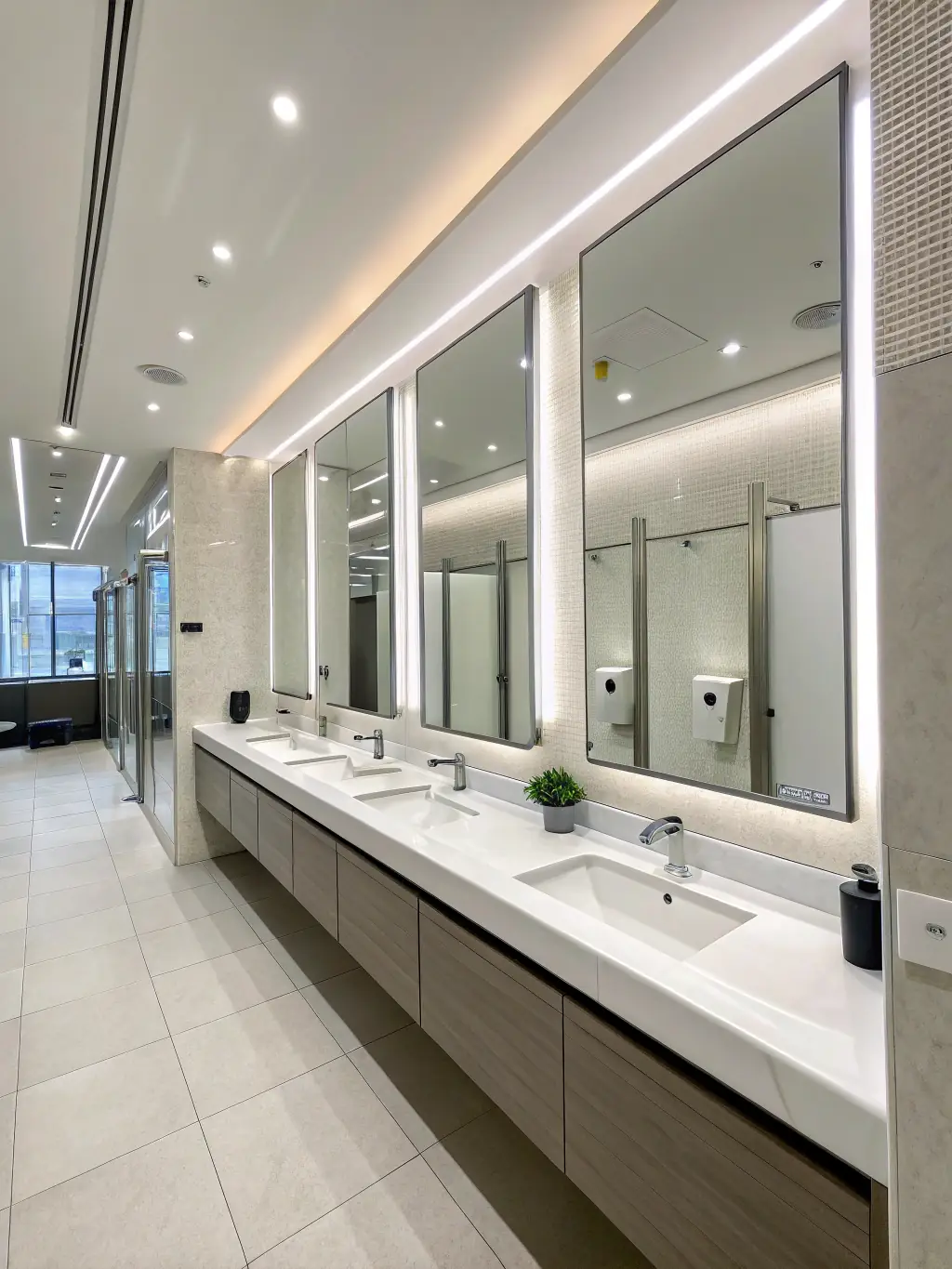 A commercial restroom with durable and easy-to-clean porcelain tiles, designed for high-traffic areas.