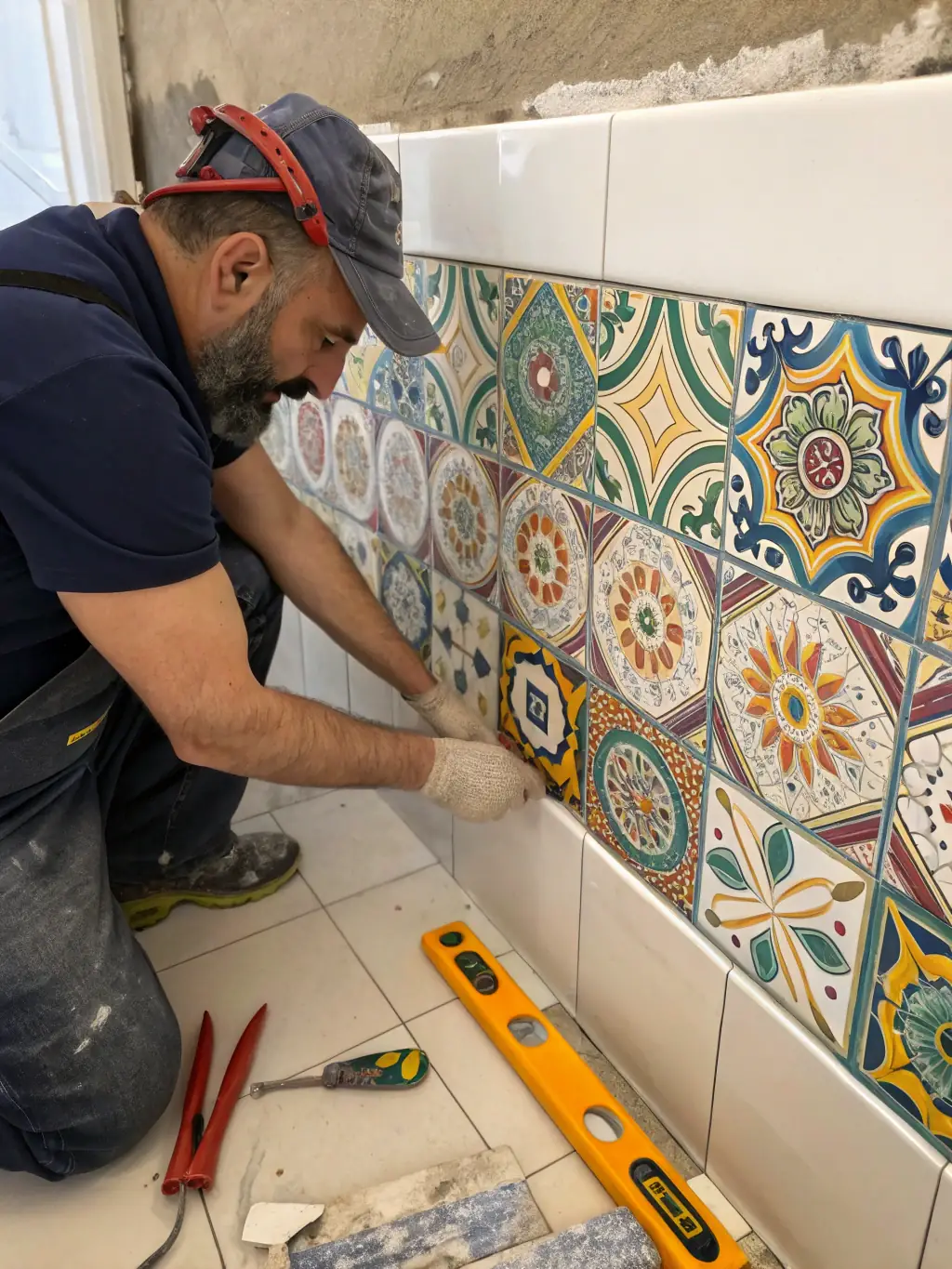 A professional tiler carefully installing ceramic tiles on a bathroom wall, ensuring precise alignment and a smooth finish.