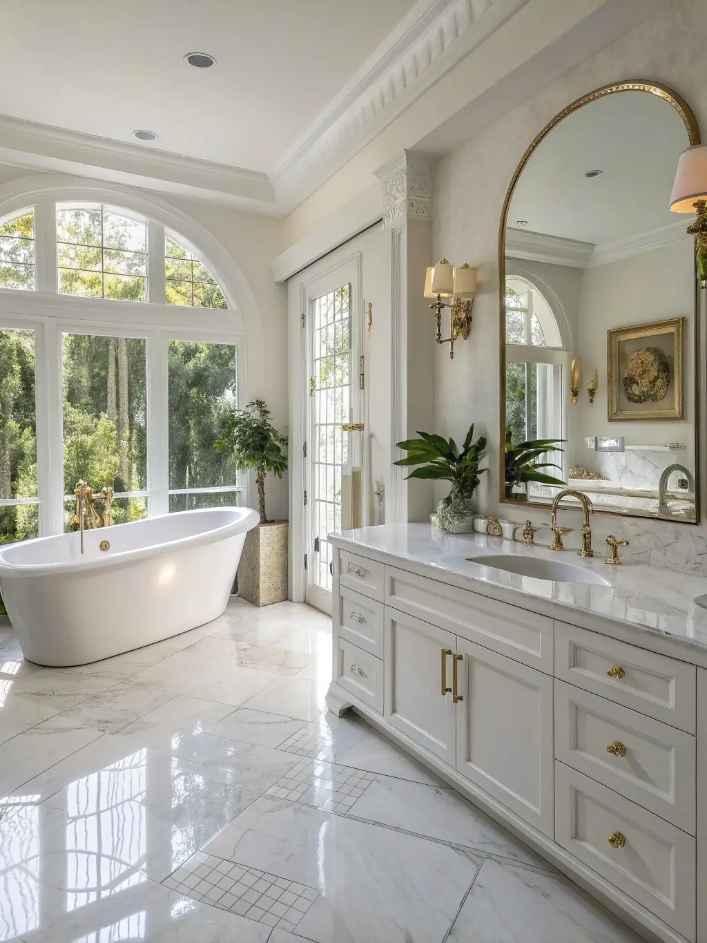 A luxurious bathroom featuring marble tiling on the walls and floor, creating a sophisticated and elegant atmosphere.