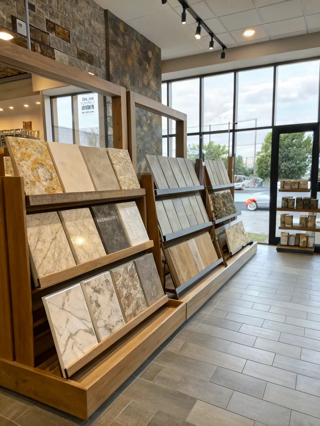 A photograph of a variety of stone and tile samples used by Vanta Tiling, showcasing the range of materials available for bathroom design and remodeling projects.