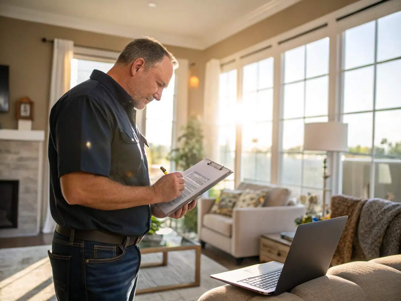 A project manager overseeing the tiling process in a bathroom, ensuring every detail is meticulously managed.