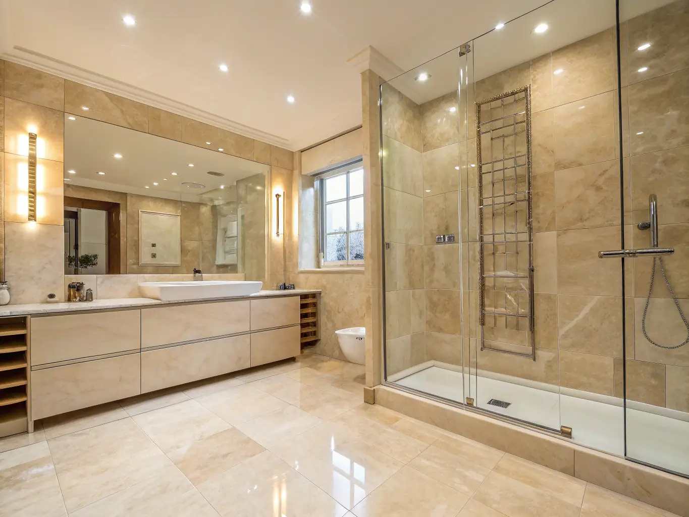 A wide shot of a beautifully refurbished bathroom, highlighting the pristine condition of the tiles and fixtures, demonstrating how professional sealing contributes to the overall longevity and aesthetic appeal of the space.